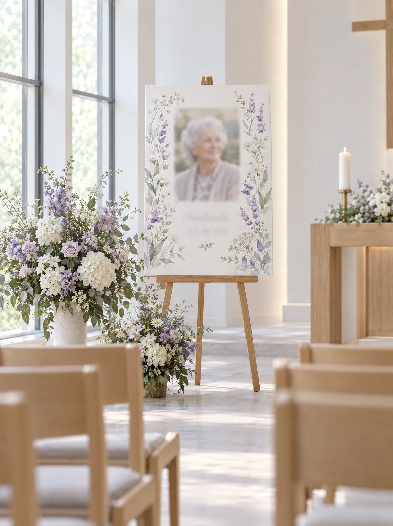 A memorial board on a wooden easel at the front of a bright chapel, beside lilac and white flowers