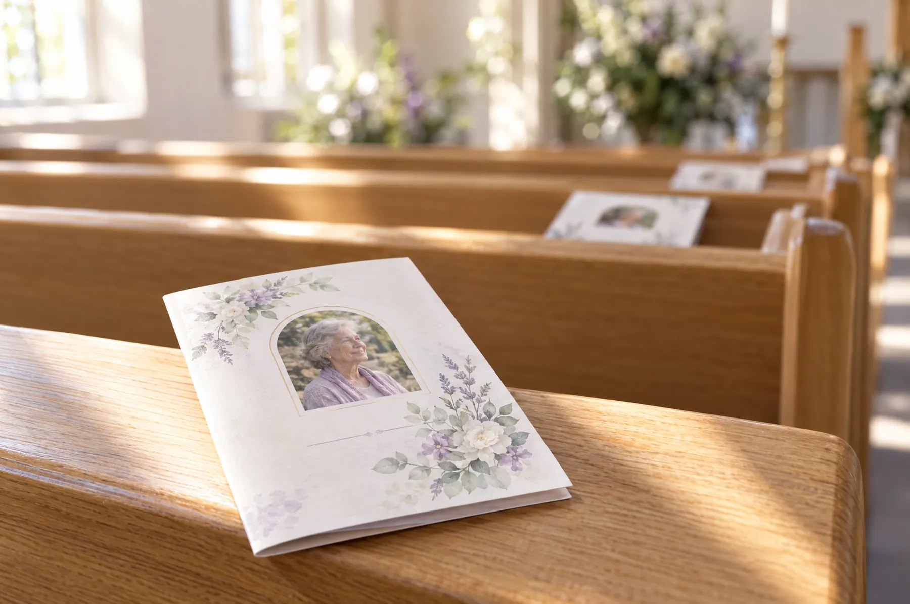Printed Orders of Service laid on oak church pews in morning sunlight