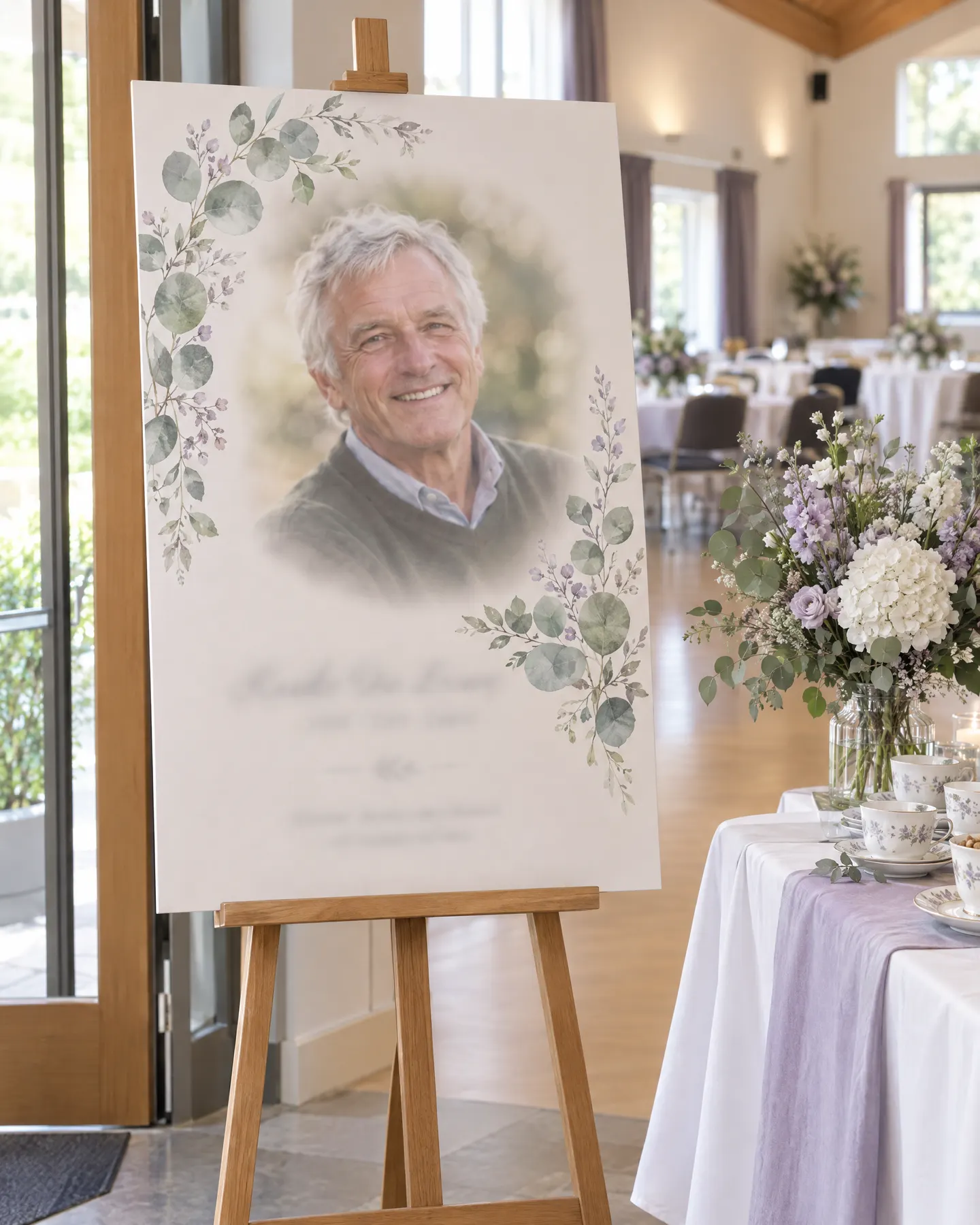 A large celebration board with a smiling portrait on an easel at the entrance to a bright hall set for a wake