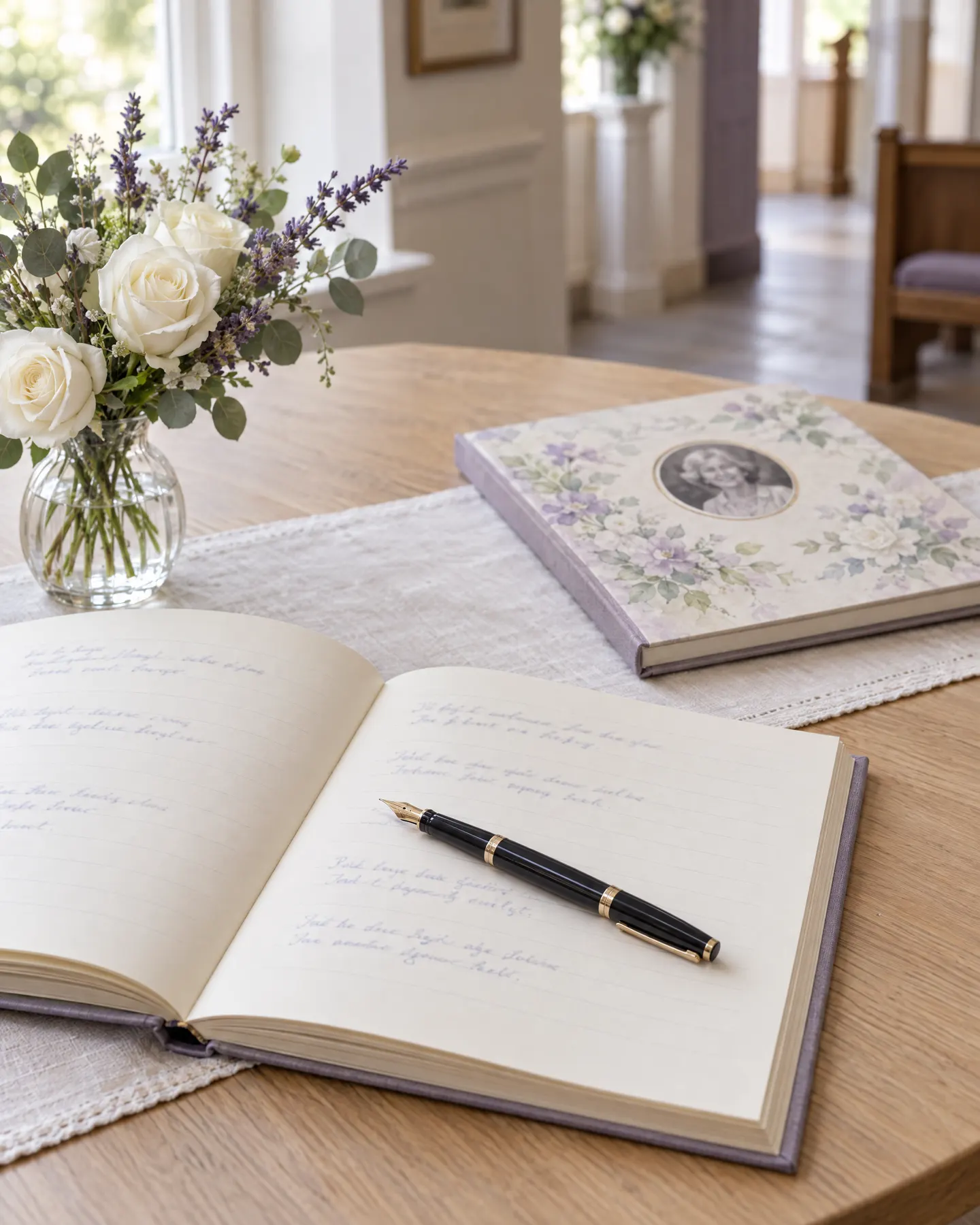 An open condolence book with handwritten messages and a fountain pen, beside white roses and lavender