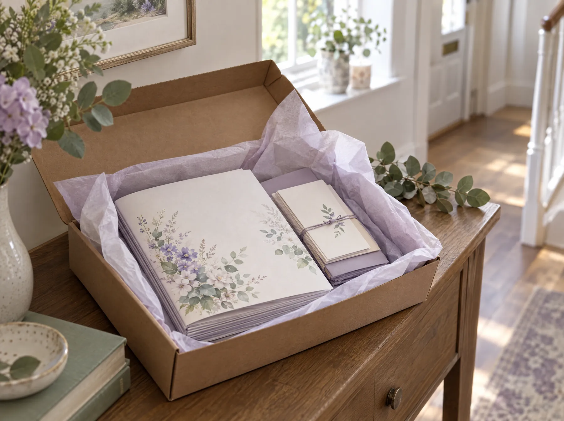An opened delivery box with printed booklets and cards wrapped in lilac tissue paper