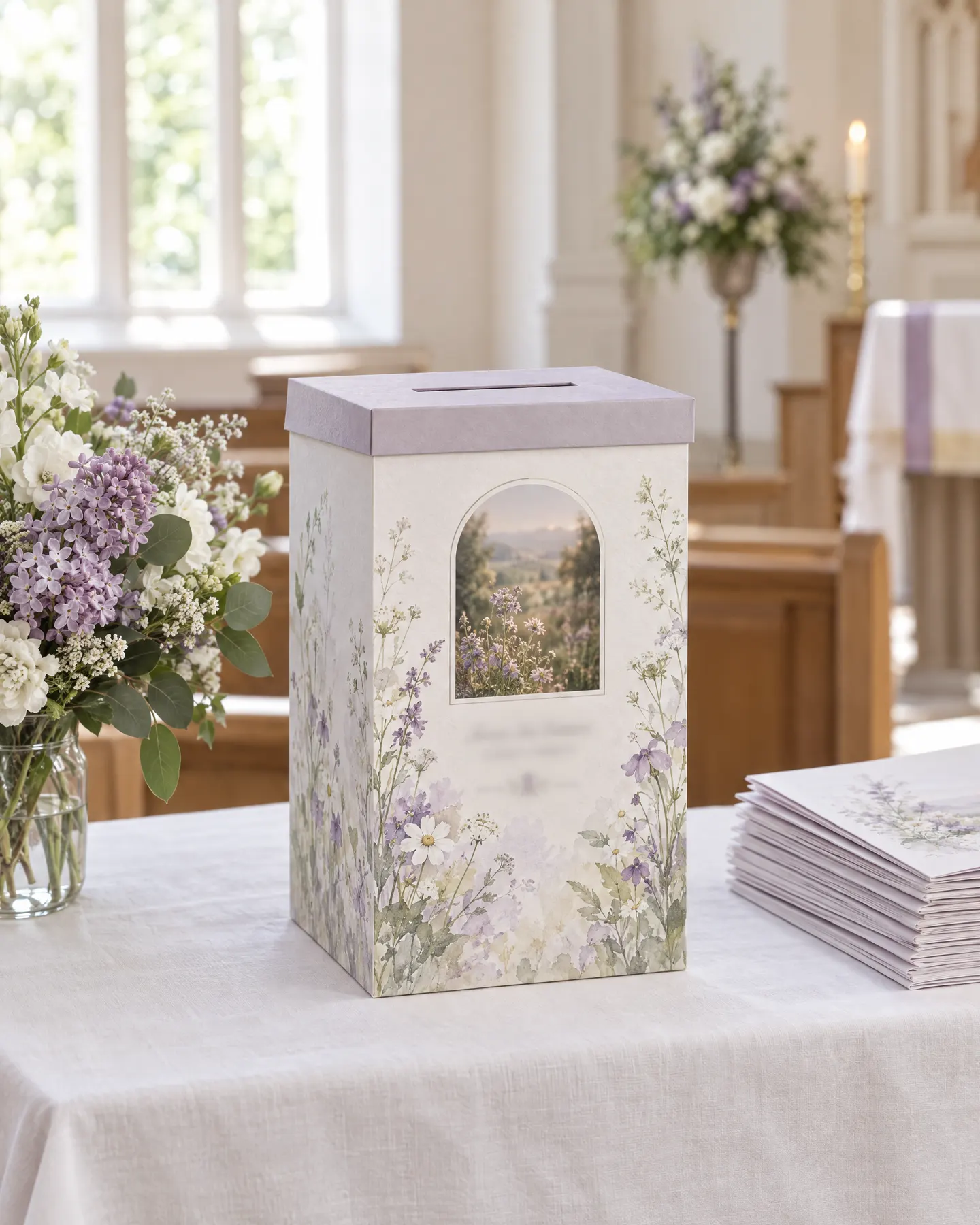 A printed card donation box with a wildflower design on a linen-covered table at the back of a chapel