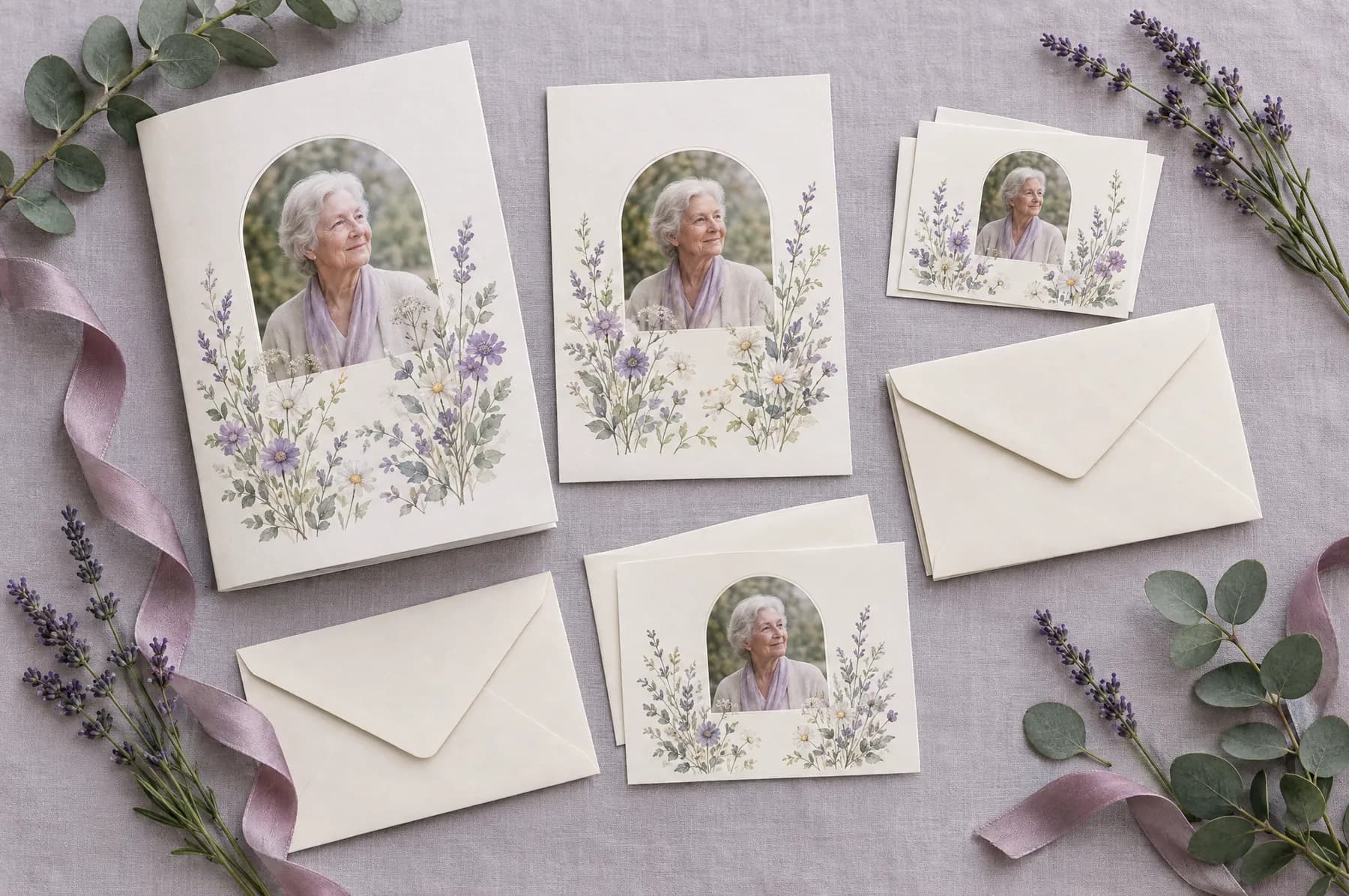 A matching set of funeral stationery: Order of Service, cards and envelopes with lavender and eucalyptus