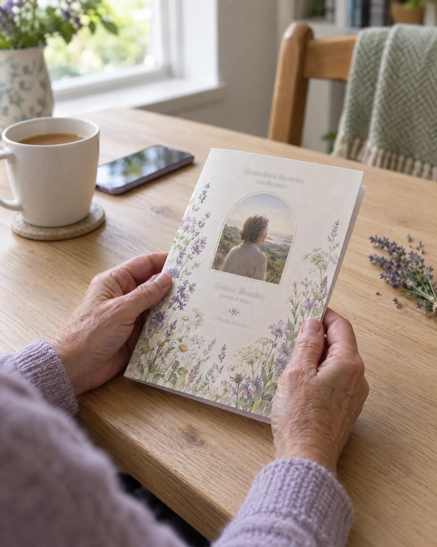 Hands holding a printed Order of Service with a wildflower cover at a kitchen table, beside a cup of tea