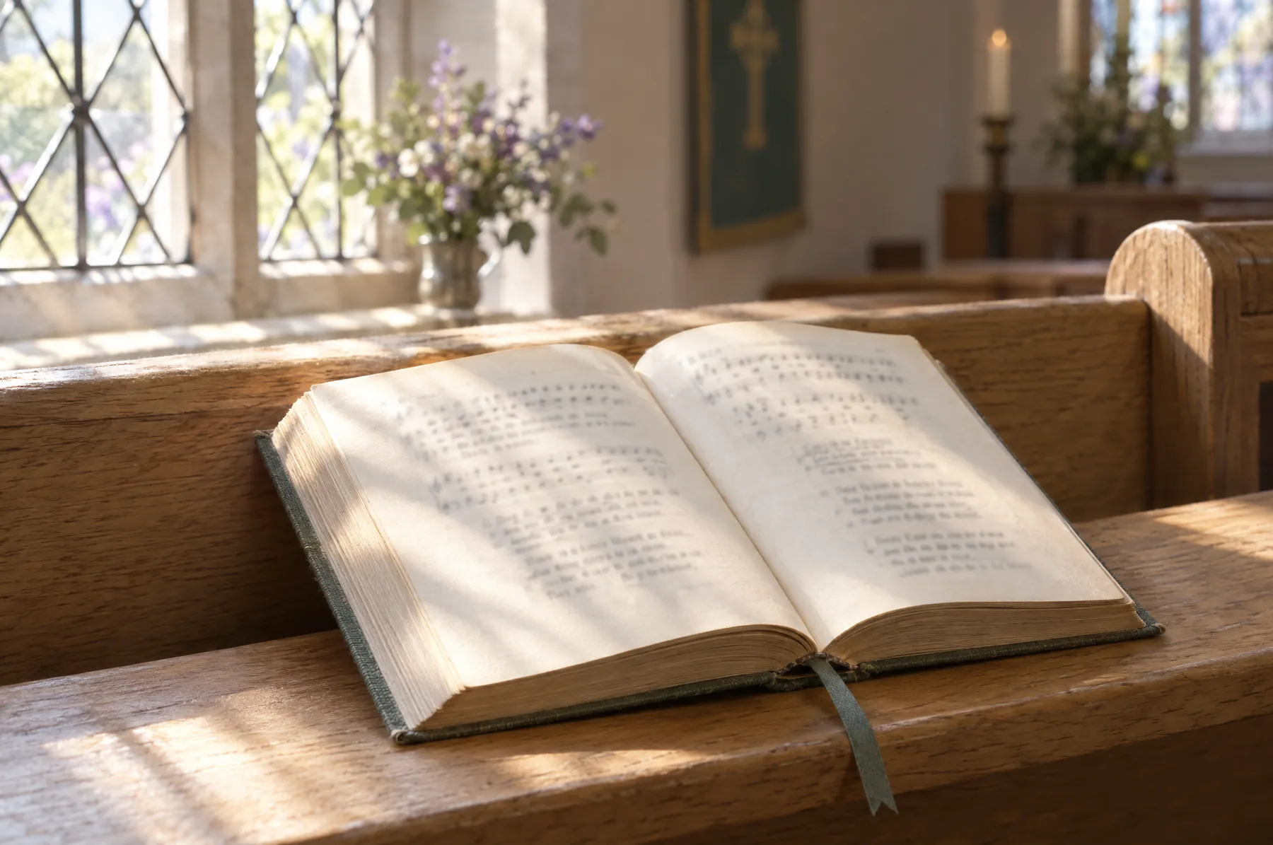 An open hymn book on a church pew in morning light