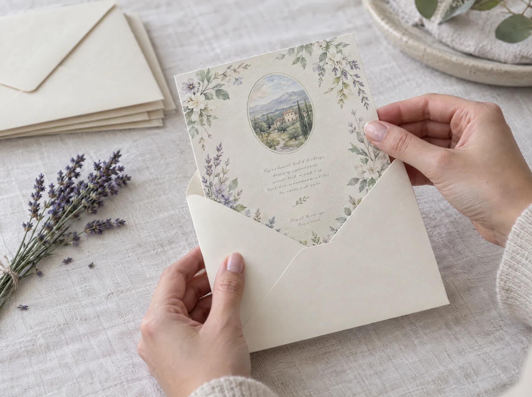 Hands placing a printed invitation card into an ivory envelope