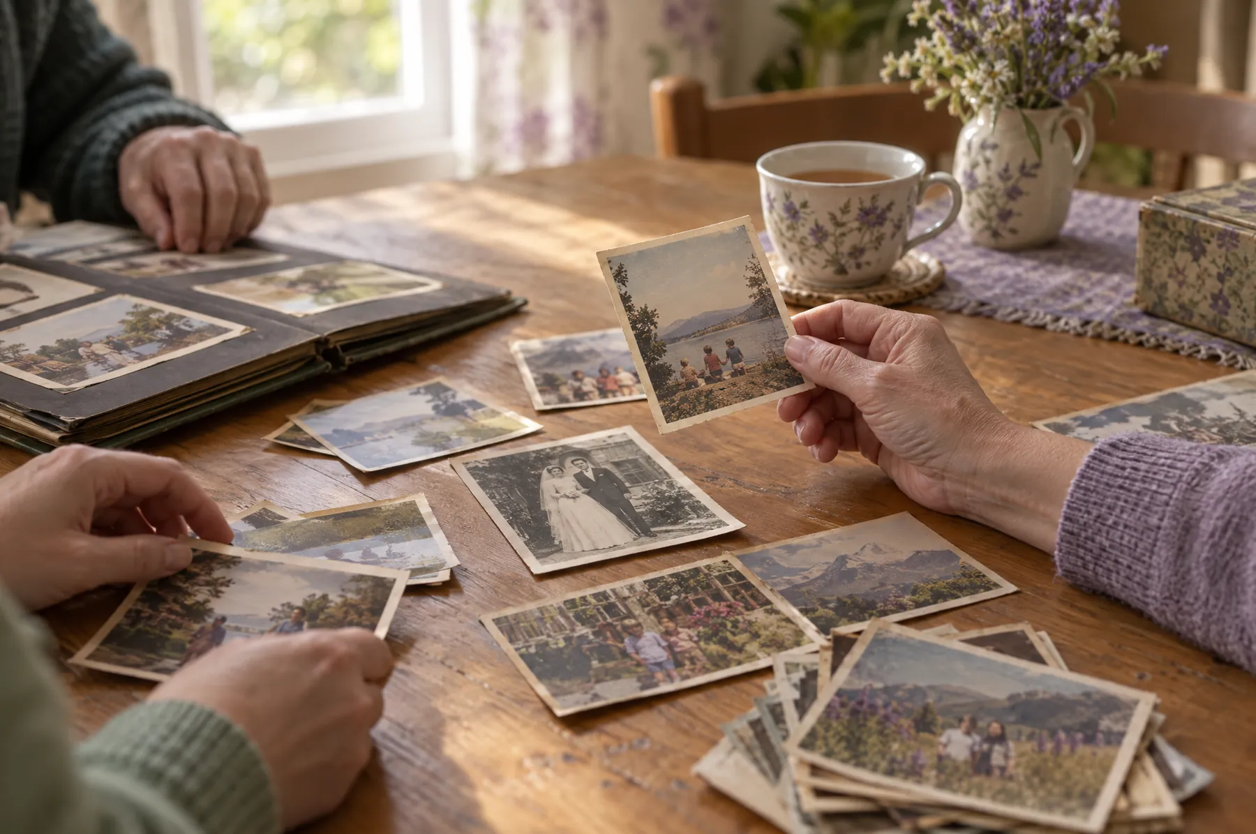 Family sorting through old photographs on a kitchen table