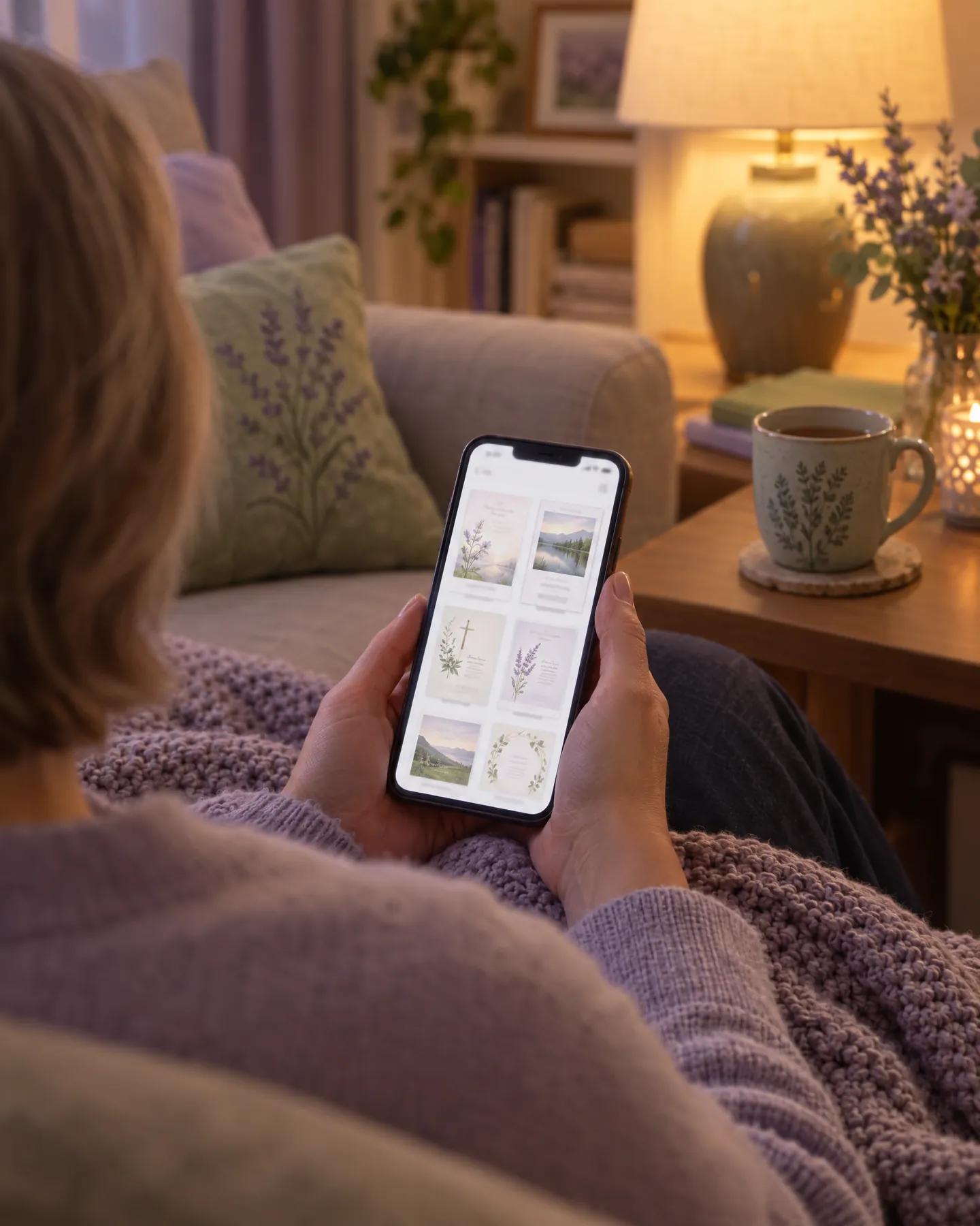 Someone at home on the sofa browsing stationery designs on their phone