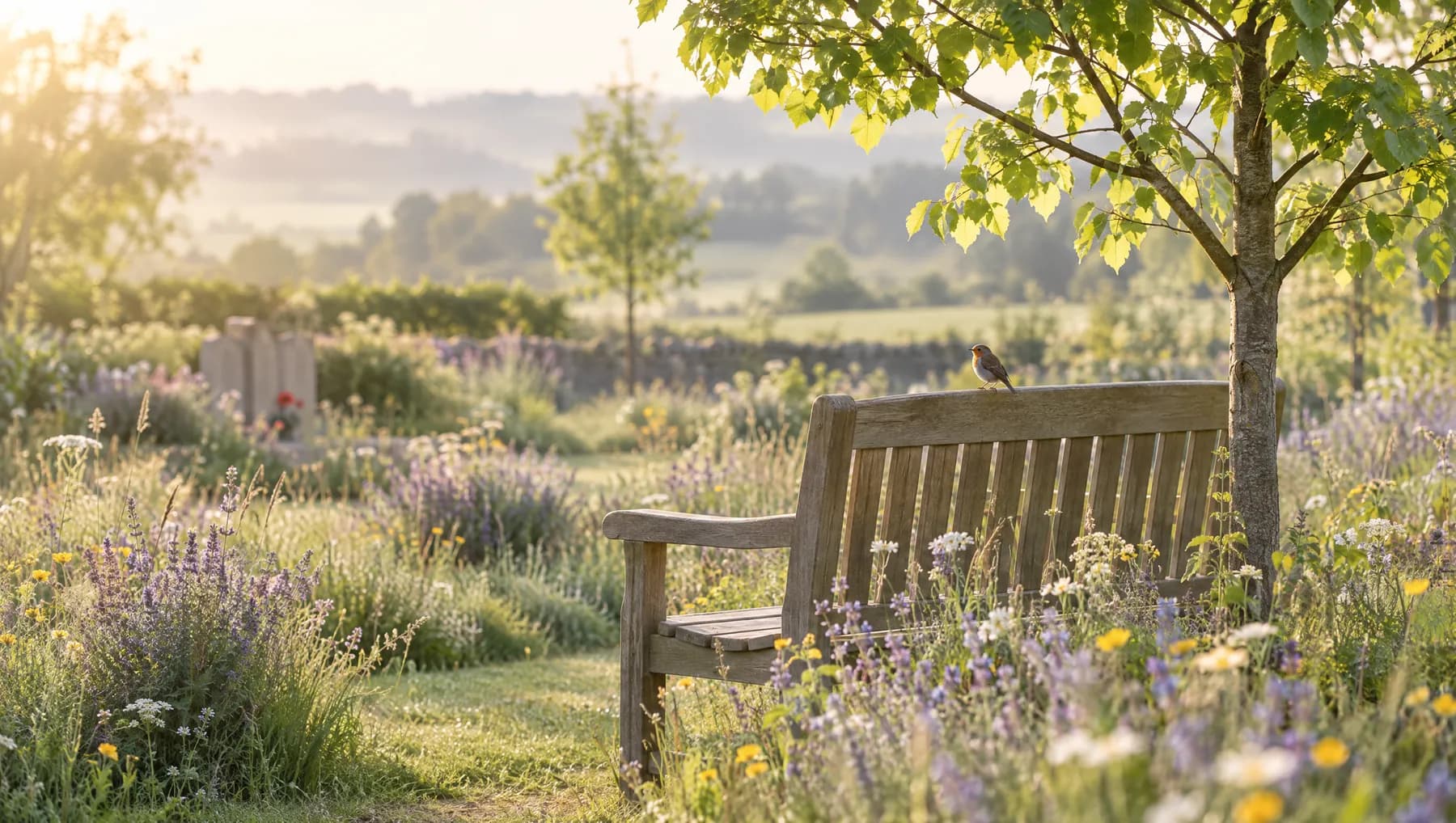 A wooden bench in a wildflower remembrance garden, with a songbird on the bench