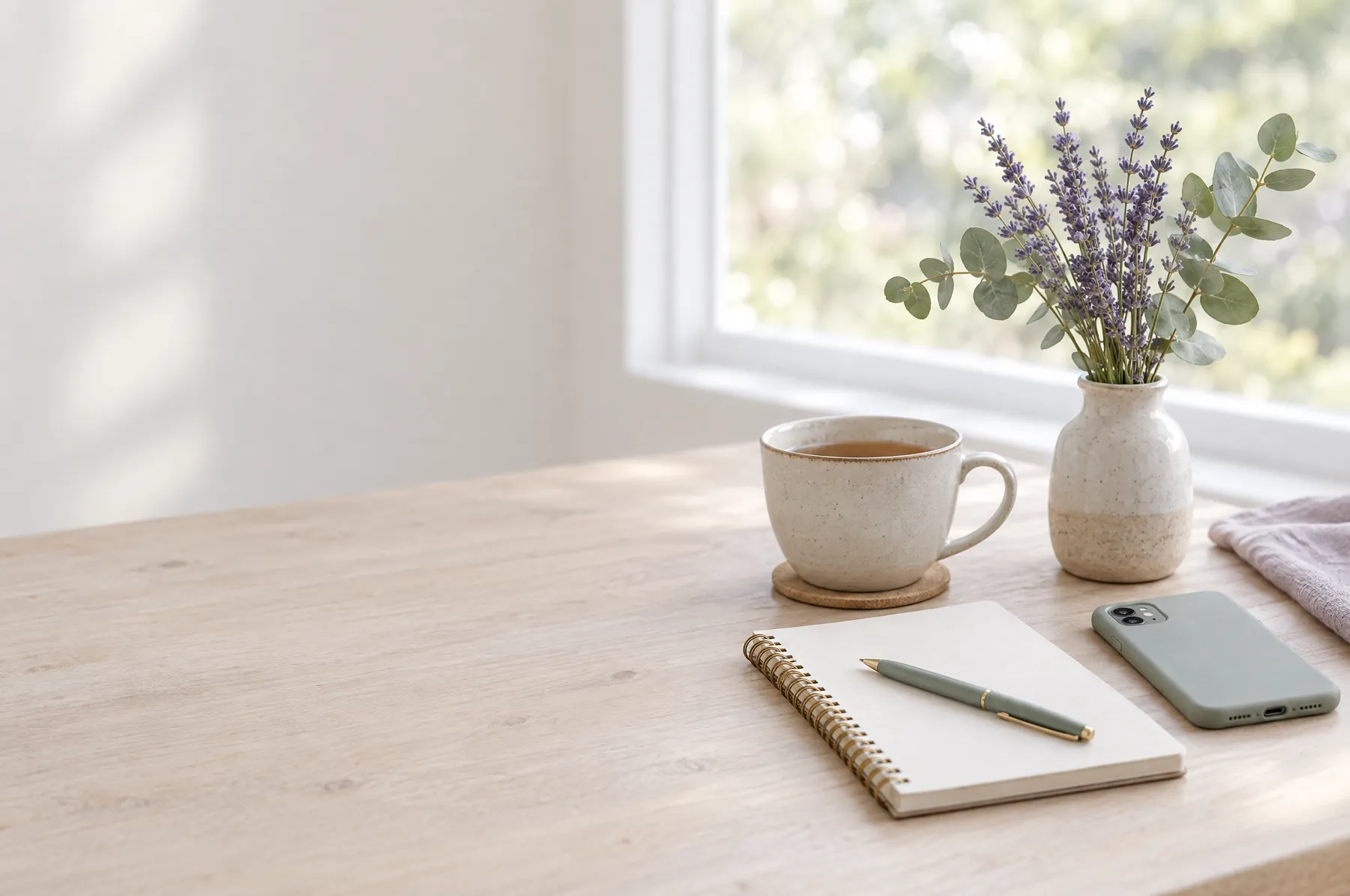 A cup of tea, a notepad and lavender on a table by a window