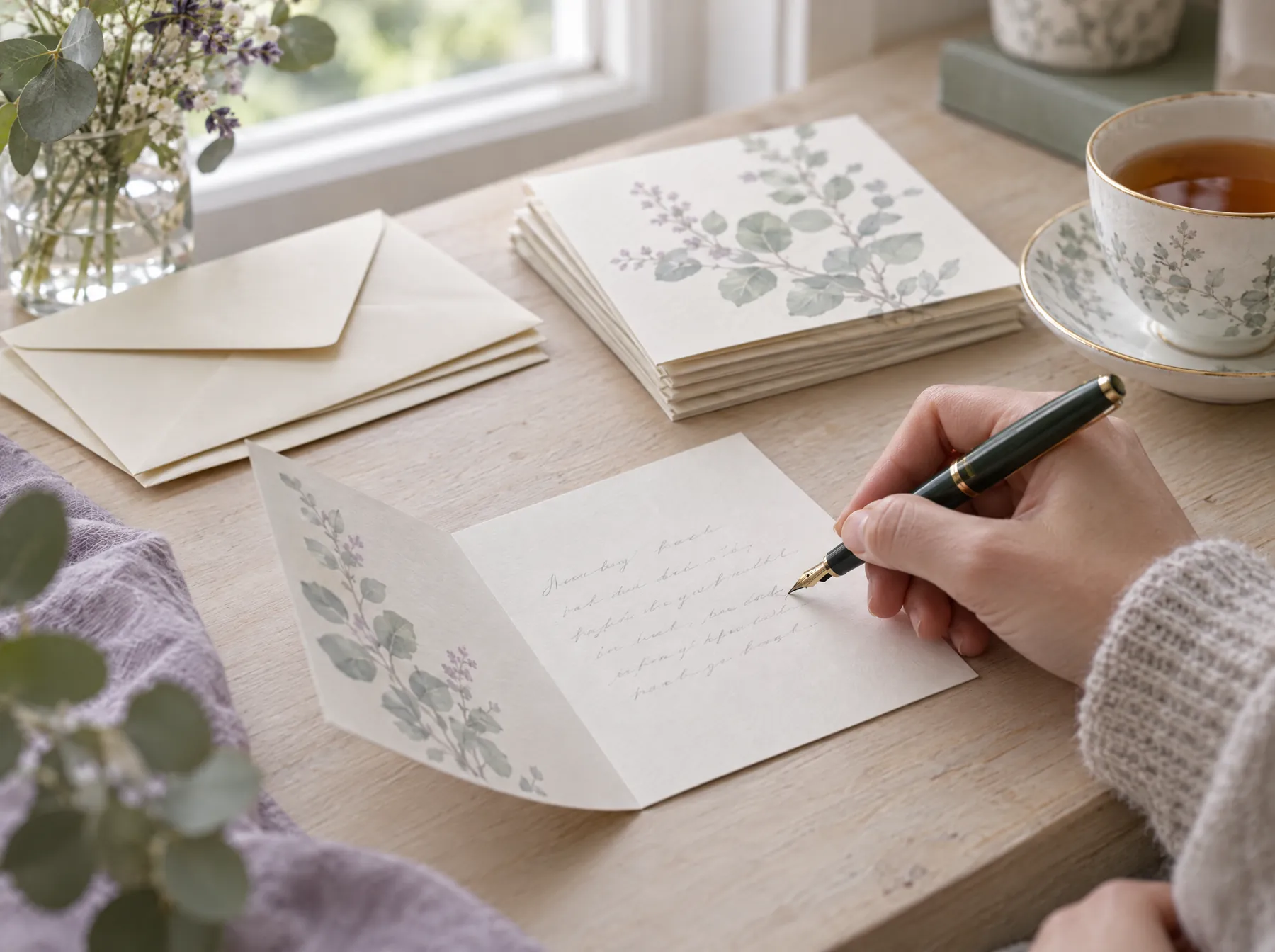 A hand writing a message inside a thank-you card with a fountain pen