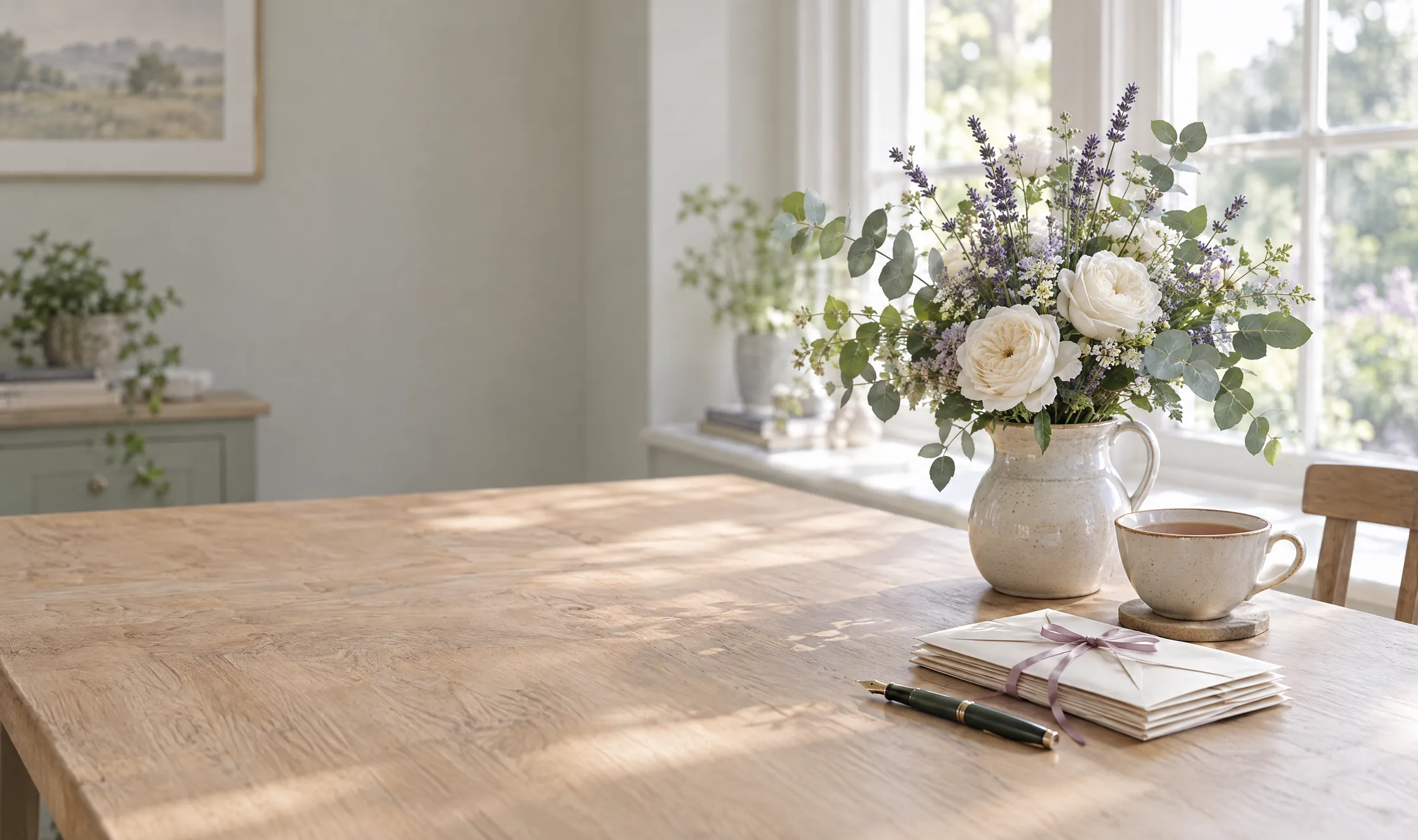 A kitchen table in morning light with lavender and roses, a cup of tea and envelopes tied with ribbon